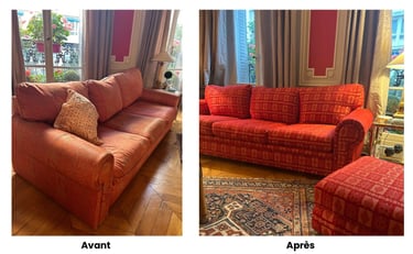 Avant/après d’un canapé restauré avec un textile de luxe africain signé Aïssa Dione.