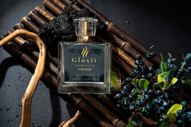 Gloxii SAFFRON DUSK perfume bottle with saffron-inspired warm tones.”