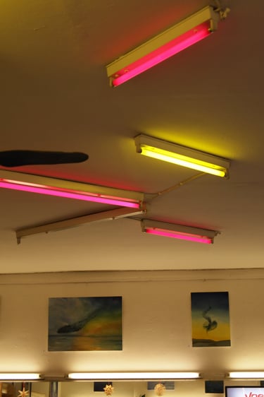 Pink and yellow neon fluorescent lights glowing on a ceiling above framed wall art.
