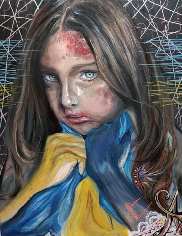 Artwork about the war in Ukraine 2024. Painting. Young Artist. Oil and Mixed media painting. Angelina Nazrenko. ArtNess. 16  