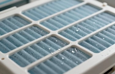 Macro shot of a clean, white air conditioner filter showing a deep disinfection process, water droplets reflecting bright light, high-quality technical service style, light blue and off-white tones.