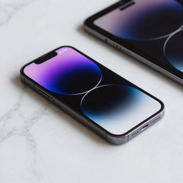 A high-end, clean shot of a smartphone and tablet on a white marble desk, glowing with violet interface light, North American / International.