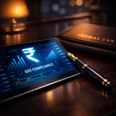 Tablet showing GST compliance for taxation services by Harsh Malik Law Offices.