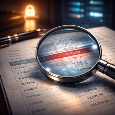 Magnifying glass over a ledger for audit and assurance services by Harsh Malik Law Offices.