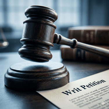 Gavel on a Writ Petition document for High Court advocacy at HMLO.