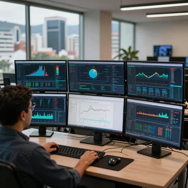 Un centro de operaciones de red con múltiples monitores mostrando gráficos de rendimiento en una ciudad de América Latina, ambiente corporativo y moderno.