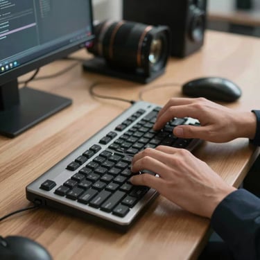 Un detalle de manos profesionales operando un teclado retroiluminado en una oficina de tecnología moderna en América Latina, enfoque selectivo.