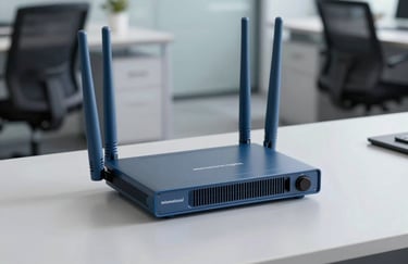 A photograph of an industrial-grade high-speed wireless router with steel blue antennas sitting on a clean light grey surface in a modern International English office.