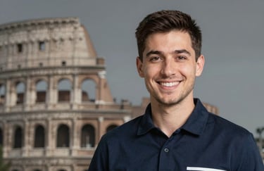 A close-up portrait of a friendly and professional service manager in Rome. Trustworthy smile, corporate #1A2E35 background, reassuring presence.
