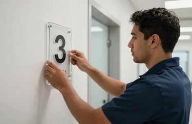 A professional installer in a modern South American clinic corridor, precisely aligning a sleek acrylic room number plate on a clean wall, natural light, high-quality material details.