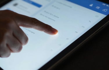 A macro shot of a hand interacting with a modern touch-screen interface showing a clean application layout with Light Blue and Dark Blue accents, professional lighting.