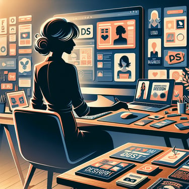 A graphic designer works on branding and social media templates using a computer and stylus tablet.