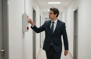 A professional manager walking through a clean, modern building hallway in Brazil, checking safety equipment, representing care and excellence.