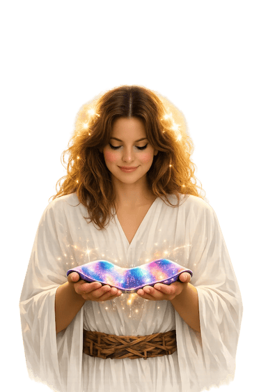Person in white holding a sash glowing with frequencies, in her hands.Symbolizing wellbeing and curiosity