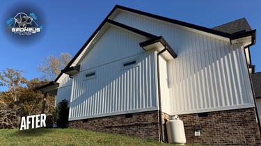 A white vinyl house after a soft wash