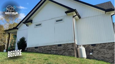 A white vinyl house before a soft wash