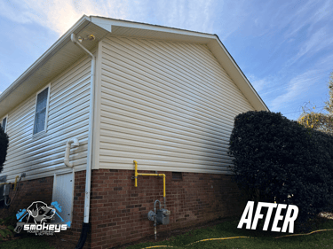 A white vinyl house after a soft wash