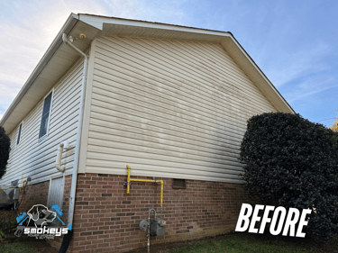 A white vinyl house before a soft wash
