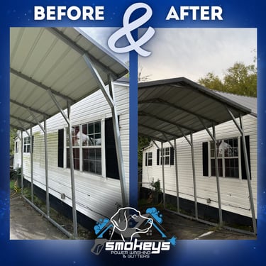 A white vinyl house before and after a soft wash cleaning