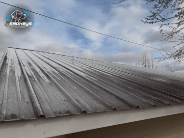 A metal roof before a soft wash cleaning
