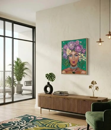 Tableau de femme aux fleurs exotiques exposé dans un salon moderne lumineux, au-dessus d'un meuble en bois cannelé.