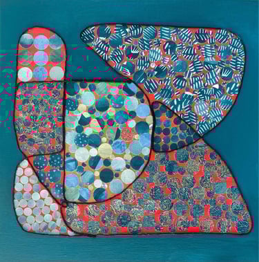 Collage abstrait sur toile turquoise et rouge par Xirkys 