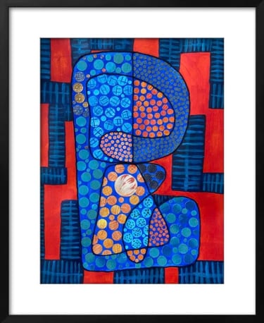 Collage abstrait vermillon et bleu du théme "Eclosion" par Xirkys artiste plasticienne