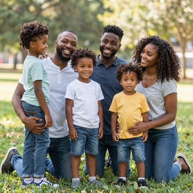 A cheerful family enjoying a backyard party with colorful decorations alongside a cozy home exterior representing real estate.