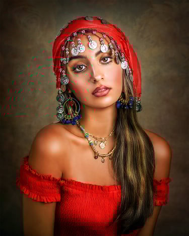 an exotic gypsy girl, tanned golden skin and beautiful brown eyes, wearing red beaded headpiece and red ruffled top