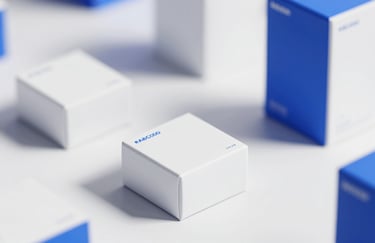 A clean, minimalist shot of high-quality retail packaging arranged artfully on a white surface with #A8C0D4 shadows, symbolizing professional presentation.