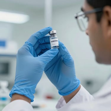 Close-up of a South Asian / Indian scientist in blue gloves carefully holding a pharmaceutical vial against a bright, sterile lab background.