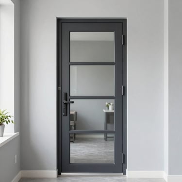 A photograph of a modern entrance door with glass inserts, showcasing professional installation in a bright Bulgarian home interior with pale gray walls.