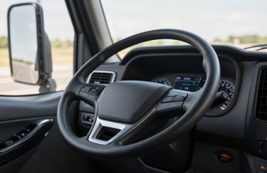 A close-up of a modern truck dashboard and steering wheel inside a North American semi-truck cabin, focused and professional atmosphere.
