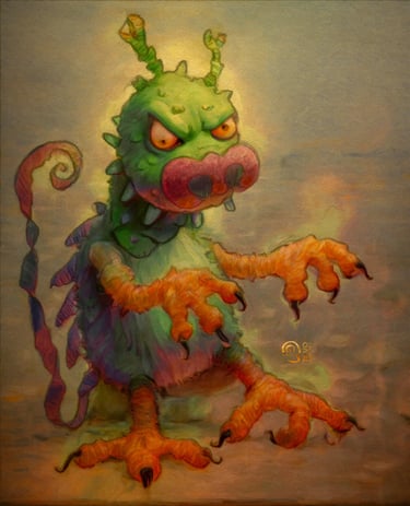 Digital painting of a grumpy green monster with orange claws and a long curly tail.