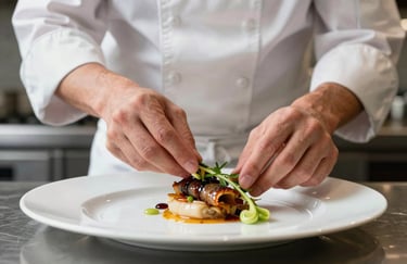 A professional chef in a modern North American kitchen carefully plating a gourmet entree with artistic precision.