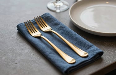 Minimalist table setting in a North American venue with polished gold forks, a slate blue linen napkin, and a beige ceramic plate.