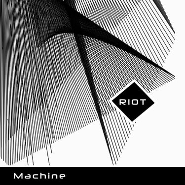 Abstract black and white geometric line art with RIOT logo and Machine text.