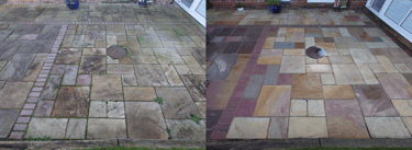 before and after pressure washed patio