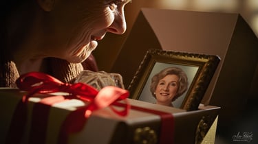 An elderly woman smiling at a framed vintage photo of her younger self inside a gift box.