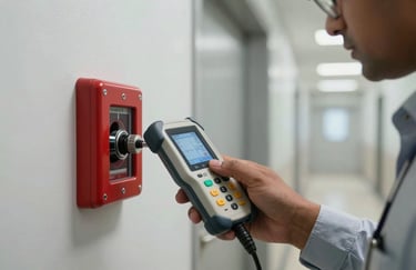 A close-up action shot of an engineer's hand using a digital testing device on a manual fire call point in a modern hallway. Clean, professional South Asian / Indian corporate environment.