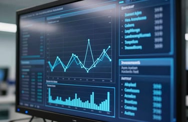 A close-up of high-tech data visualization on a screen in a professional North American / US research facility, with soft blue and dark navy lighting reflecting strategic investment.