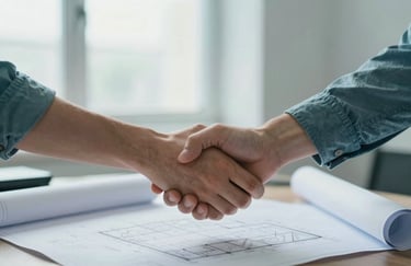 A conceptual photo of two hands shaking over a architectural blueprint in a bright North American / US studio, using a palette of soft blue and muted teal.