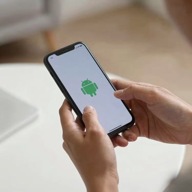 Close-up of a person's hands operating an Android mobile device in a clean, modern North American interior with soft lighting.