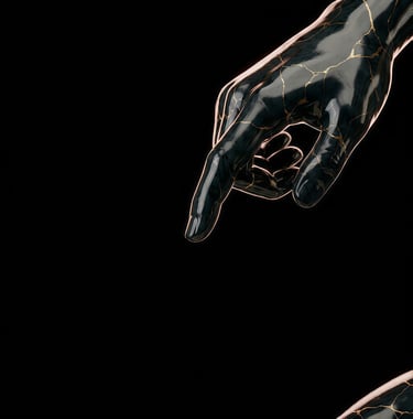 Elegant black marble hand with gold kintsugi cracks pointing down on a dark background.