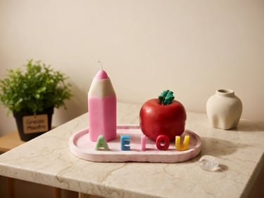 Pencil and apple shaped candles with AEIOU vowel letters on a pink marble tray.