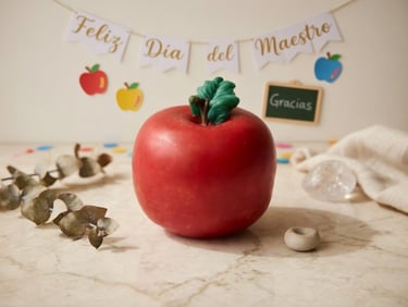 Red apple gift for Feliz Día del Maestro with a banner and miniature chalkboard on a marble desk.