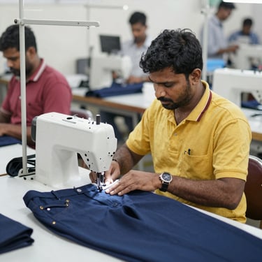 A smiling worker sews at her machine in a factory.