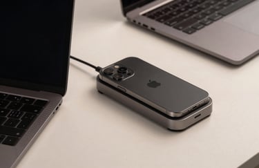 Close-up of a modern workstation with a carbon fiber laptop and a minimalist smartphone docking station. Professional lighting highlighting metallic textures and off-white surfaces.