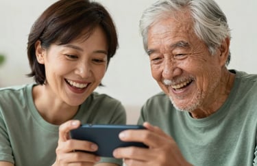 A close-up of two people from different generations laughing while looking at a shared digital game on a smartphone. Sage Green and Soft White environment. International / Global.