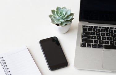 A professional developer's workspace with a laptop, a smartphone, and a notepad on a clean Soft White surface. A small Pale Mint Green succulent is in the frame. International / Global.